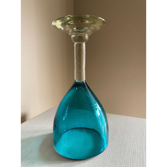 Heavy Aqua Luster Blue Glass Goblet Cup with Clear Luster Stem and Base Hand Blo - Picture 9 of 13